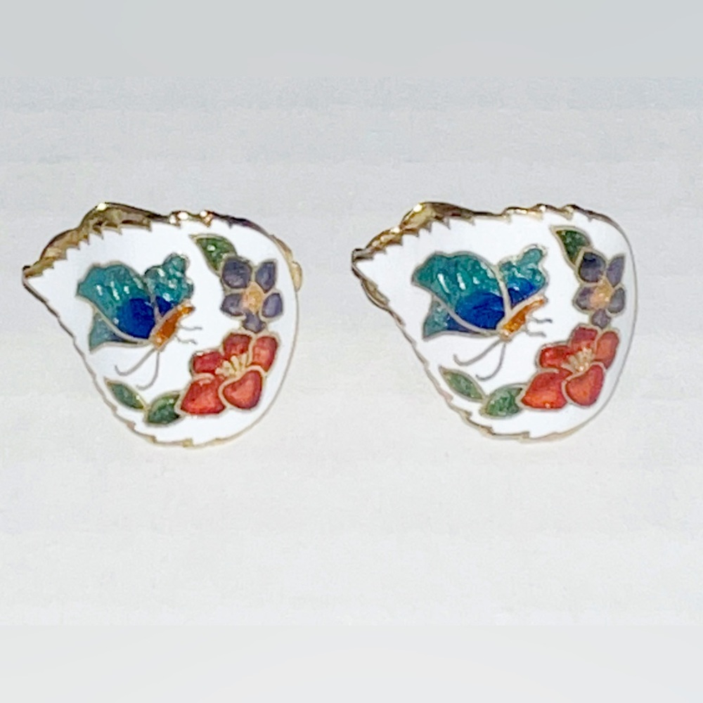 Vintage Cloisonne White Enamel Multicolor Butterfly Earrings
